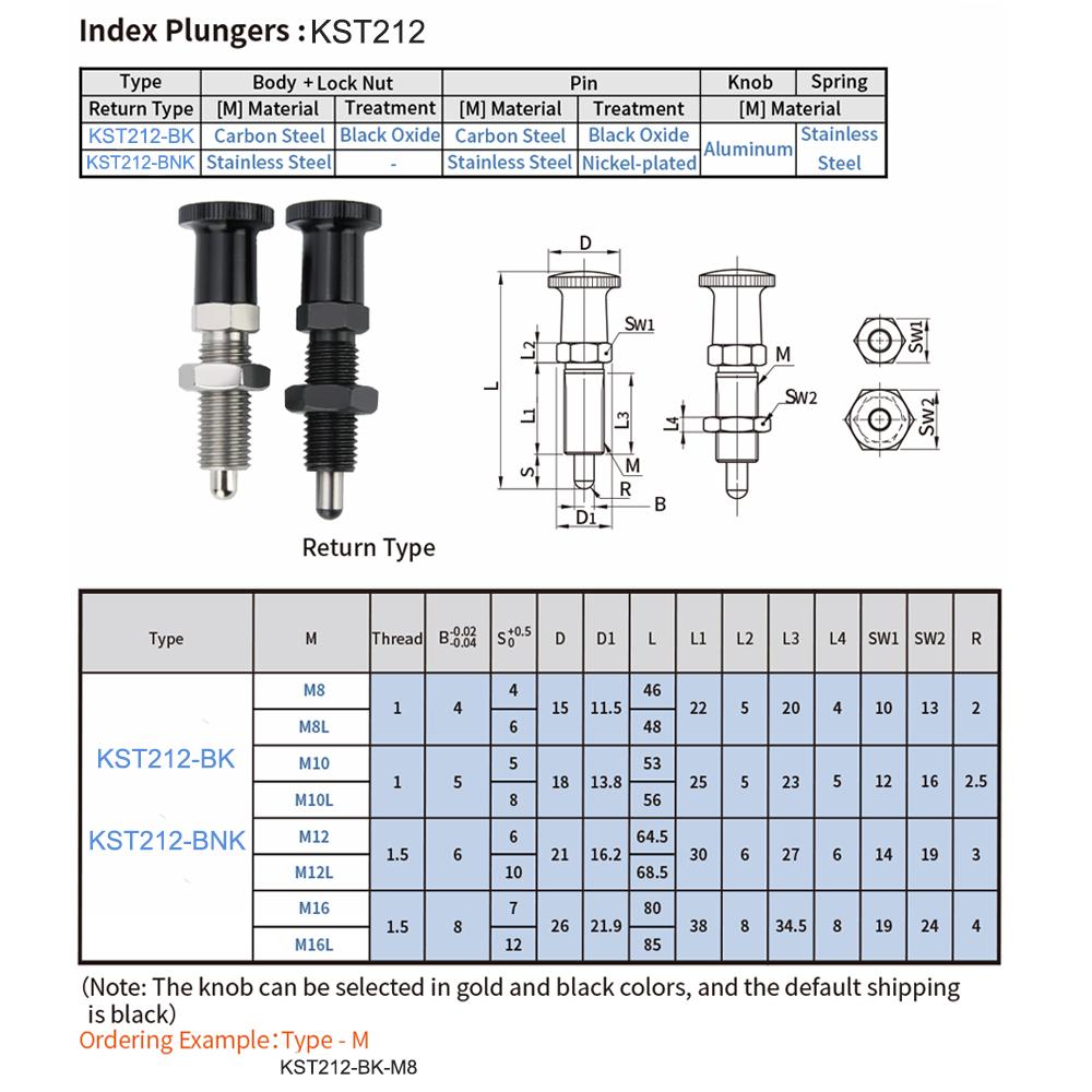 M8 M10 M12 M16 Fine Thread Long Index Bolts, Indexing Plungers,Locking Pin ,Locking Spring Screw,Aluminum Knob Plunger