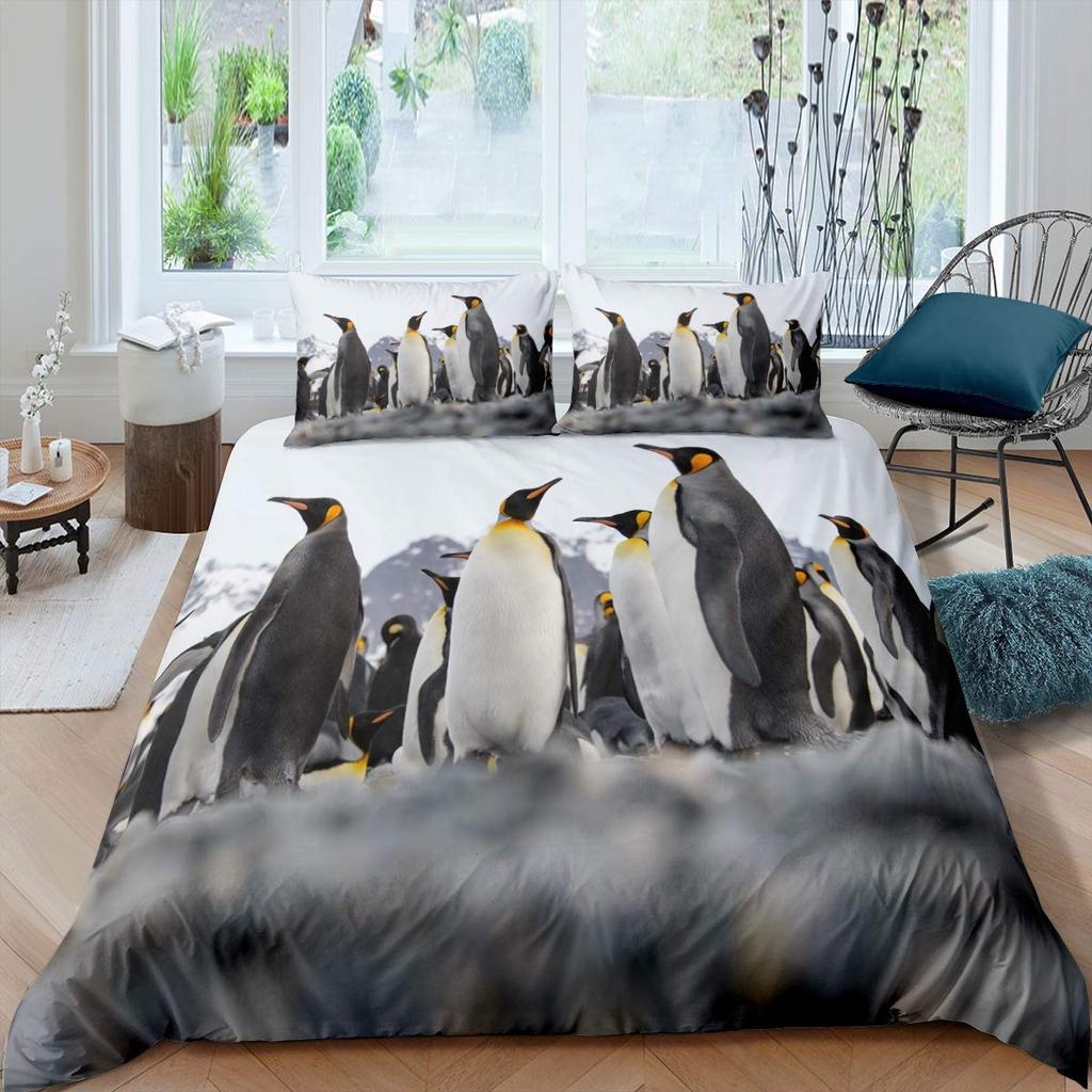 Penguin Duvet Cover Set Antarctic Animals Bedding Set For Kids Boys Girls Cartoon Style King Size Winter Theme Comforter Cover