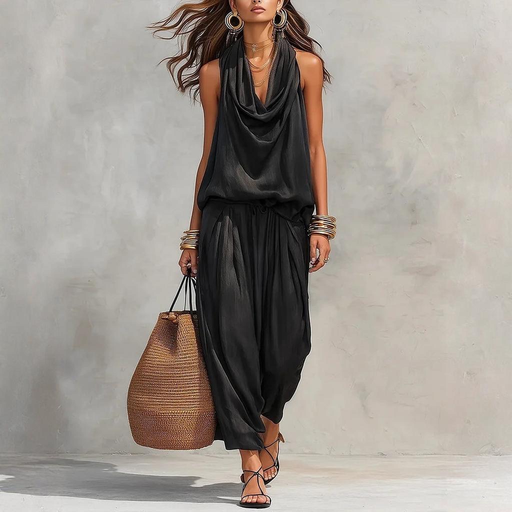 Women's Two Piece Set Draped Neck Sleeveless Top and Casual Loose Fit Pants Summer Outfit Soft Fabric Comfortable Fit