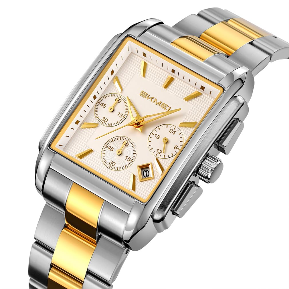 SKMEI Square Watch Stylish Silver Stainless Steel Arm Watch Waterproof Analog Business Casual Chronograph Watch Luxury Gift White Wach for Men Men's
