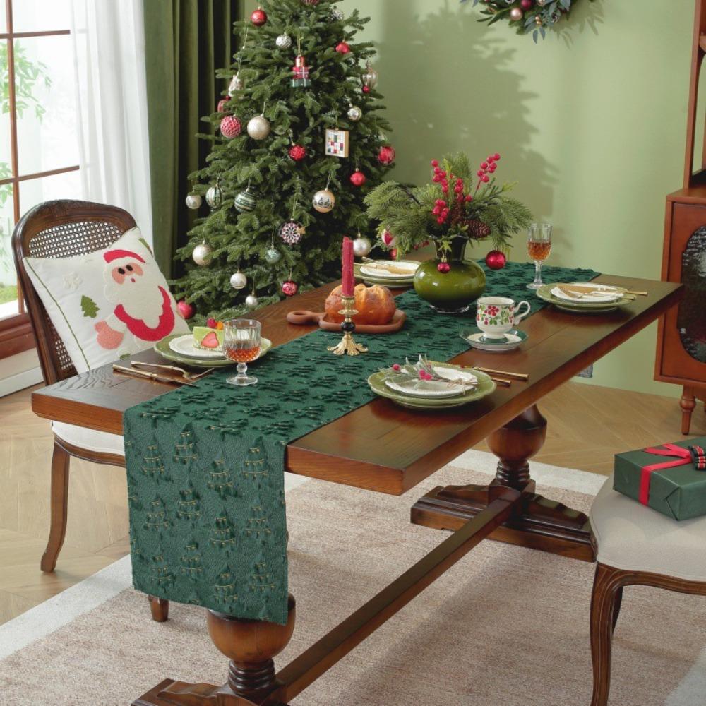 Christmas Table Runner Fluffy Embroidered Green Holiday Decor Dining Table Cover Throw