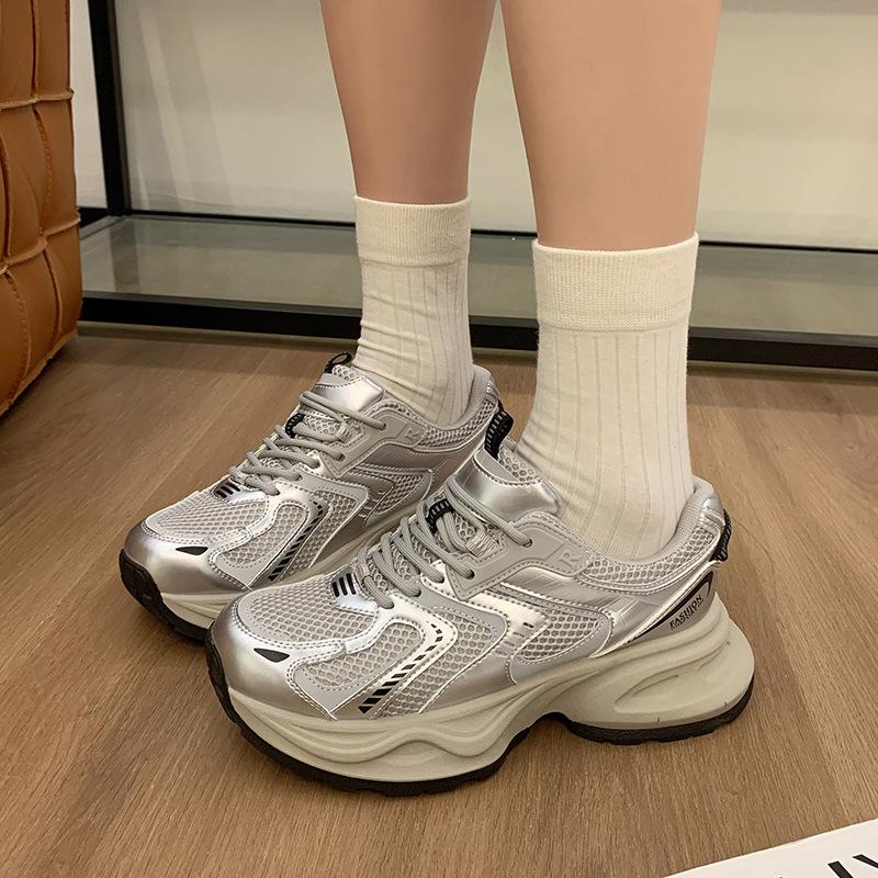 Sneakers women's 2024 new comfortable versatile breathable mesh heightening white shoes casual sports shoes