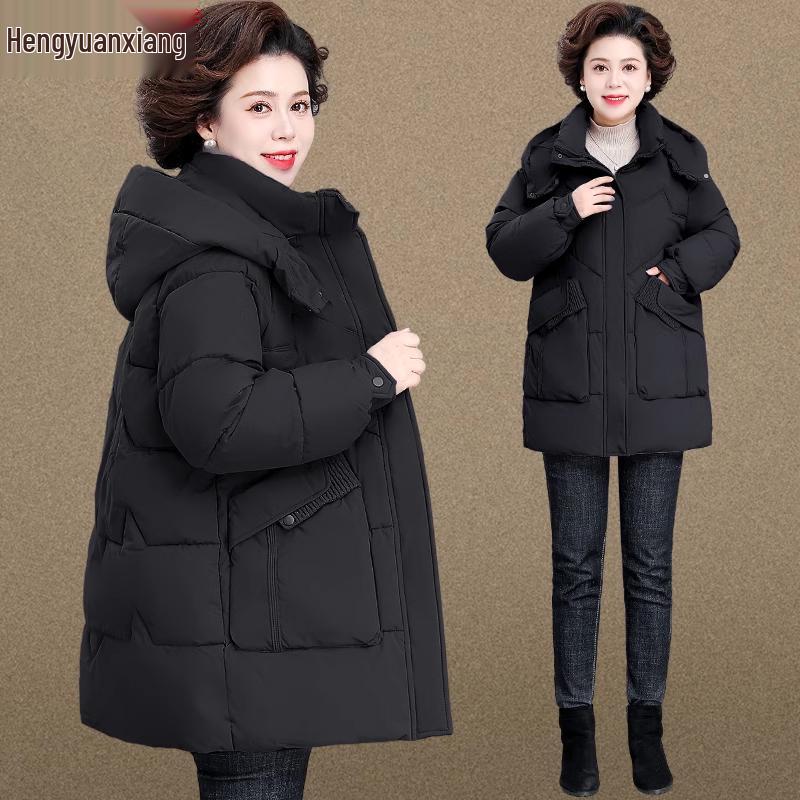 

Hengyuanxiang Mid-length Winter Coat for Middle-aged and Elderly Women - Plus Size Cotton Down Jacket 4XL чорний