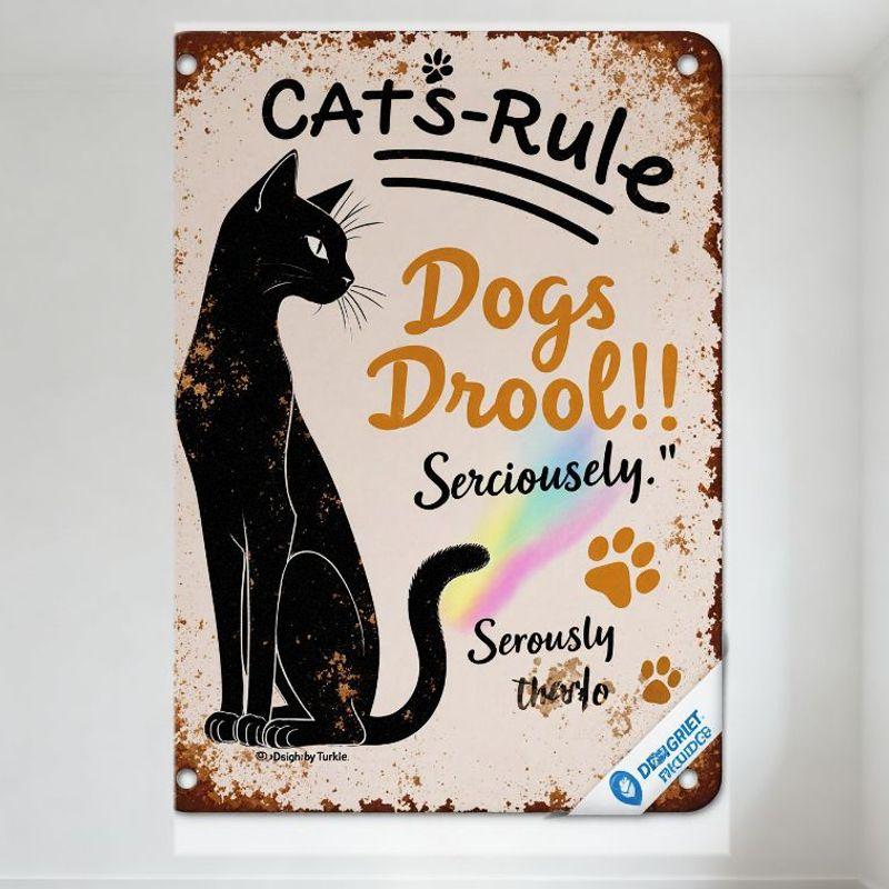 Vintage  CATS-Rule  Metal Tin Sign with Cat Silhouette, Rust Spots &  Dogs Drool!!  Text - Home Cafe Wall Decor with Hanging Hol 20x30cm（7.8x11.8inch）