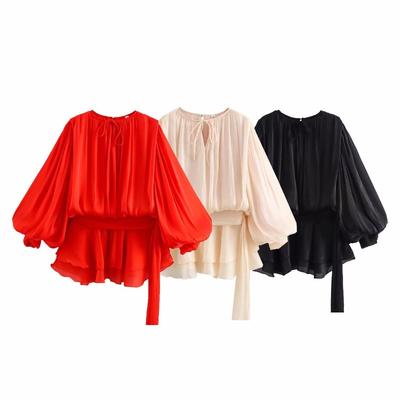 Fashionable and Minimalist Three Color Bubble Sleeve Ruffled Short Skirt with Ruffled Edges Loose Mesh Top