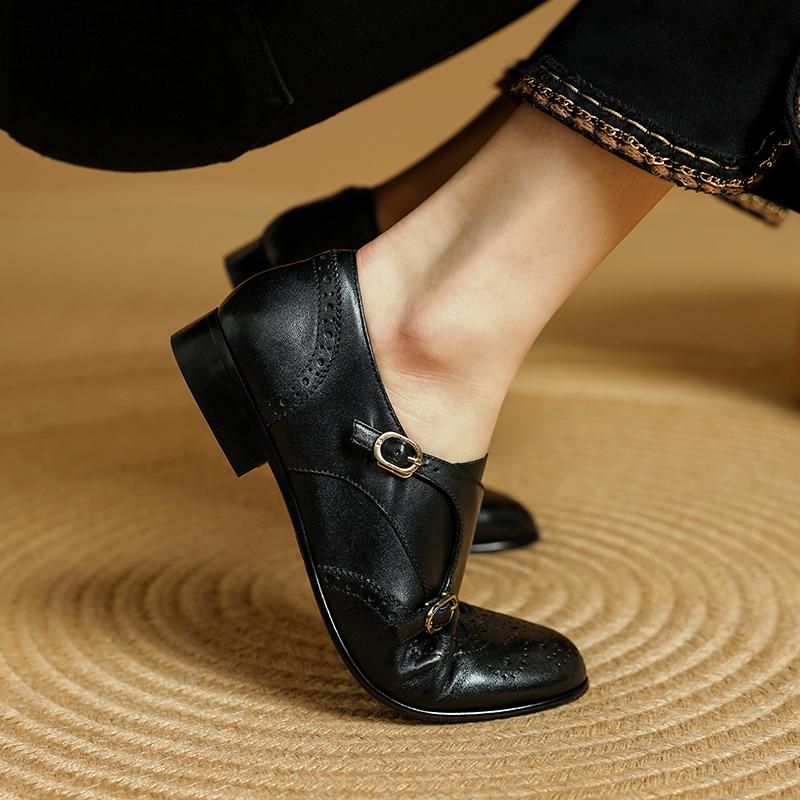 Fashion 2025 New Spring Women Loafers Round Toe Chunky Heel Shoes for Women Belt Buckle Women Pumps Brogue Shoes Genuine Leather