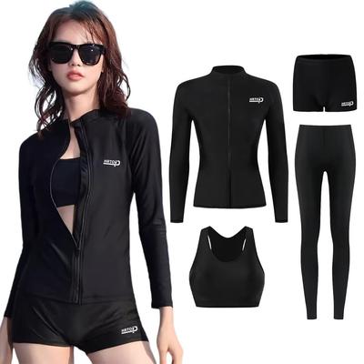 Traje de baño Vasarhely de 4 piezas para mujer con protección solar, Protección UV, Elástico, Abertura frontal, Cobertura total, Anfibio, Absorbe la humedad, Secado rápido (XL, Negro)