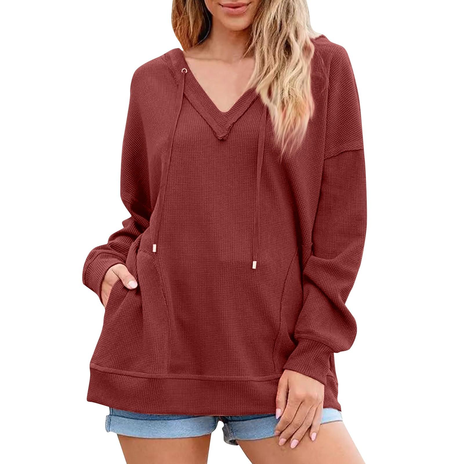 

Женская повседневная модная однотонная толстовка с капюшоном и V-образным вырезом с длинным рукавом XXL красный