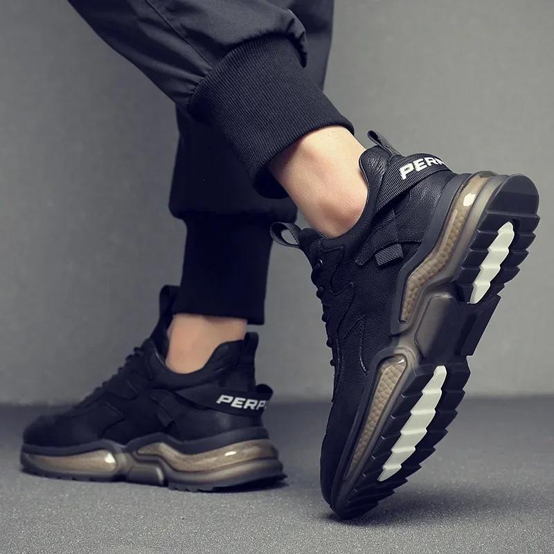 Fashion New Men Genuine Leather Casual Sport Shoes Youth Spring Autumn Cool Comfortable Sole Black Cow Leather Sneakers