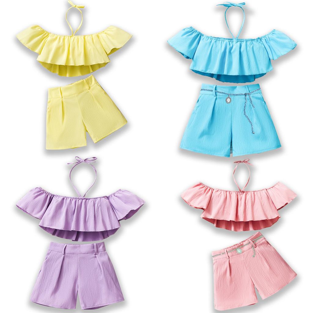 Dívčí ležérní oblek Letní dětská móda Top s jedním ramenem a krátkým rukávem + Šortky Dvoudílný set