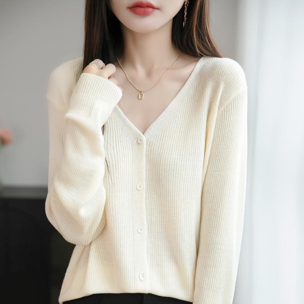 V-neck Knitted Cardigan Long-sleeved Solid Color Striped Loose and Versatile Top for Women New Spring and Autumn Style