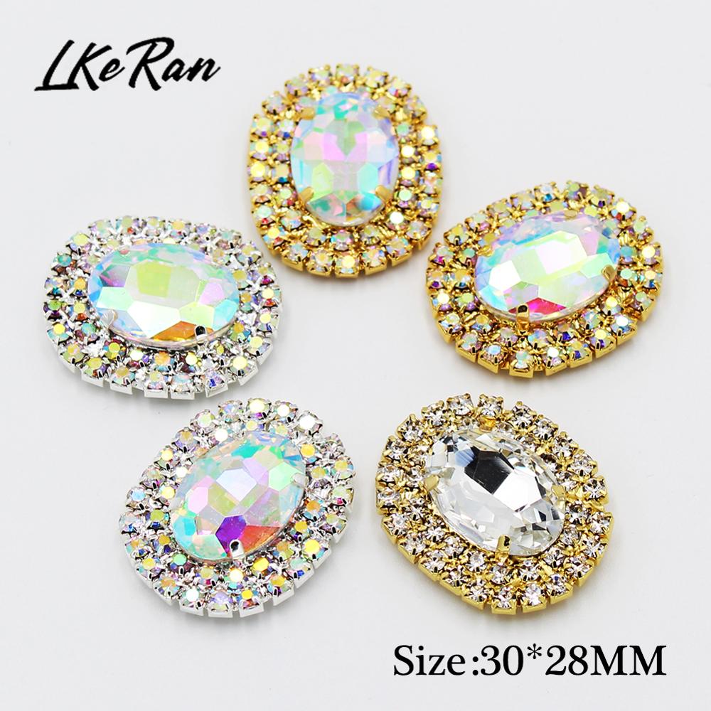 New 24*30mm Oval Flat BottomCrystal AB Sewing Rhinestones Buttons Gold Metal Applique DIY Wedding Decoration For 10Pcs/lot