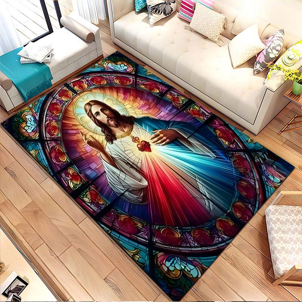Stained Glass Sacred Heart Design Patterned Carpet, Non Slip Mat Suitable for Living Room and Bedroom Sofas