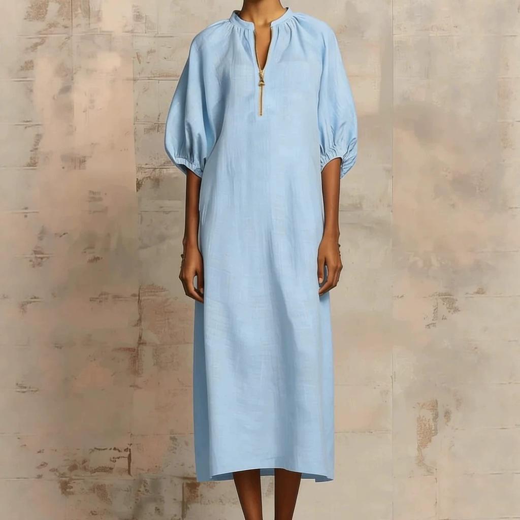 Europe, America spring and summer popular women's clothing solid color loose casual round neck zipper bubble sleeve dress