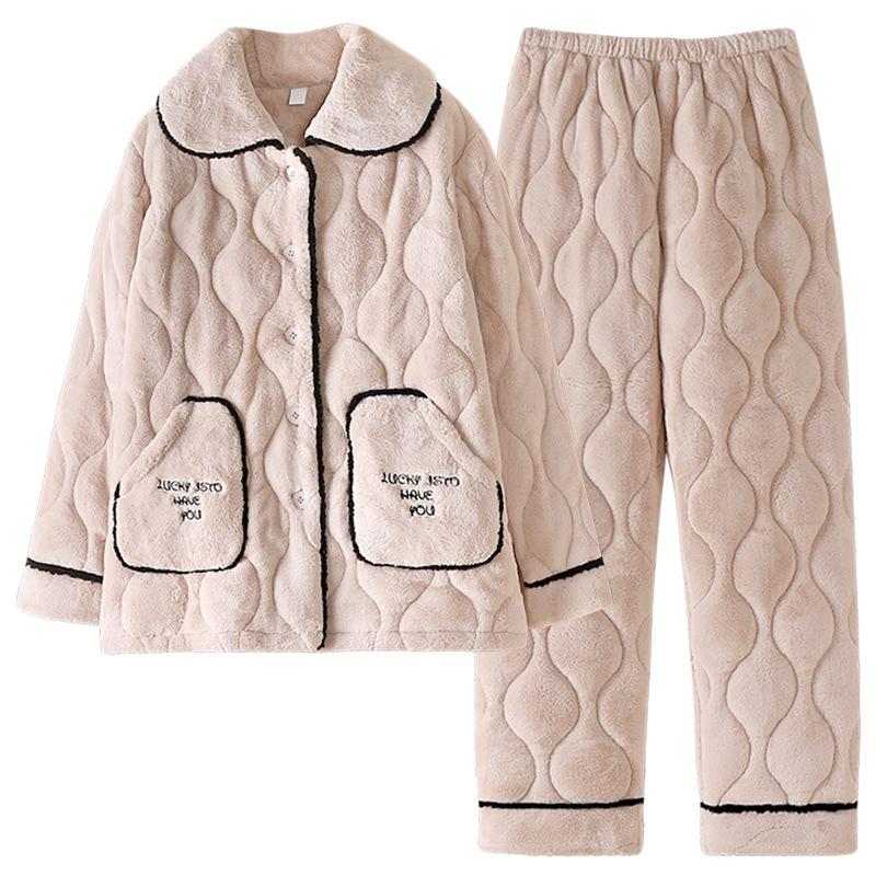 Coral Fleece Pajamas Women'S Winter Fleece Thickened Three-Layer Padded Set Women'S Thermal Loungewear