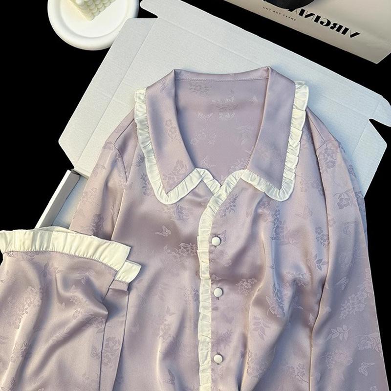 French Sweet Wind Floral Ice Silk Long-Sleeved Pajamas Women'S Spring And Autumn Ruffle Leaf Loungewear Set