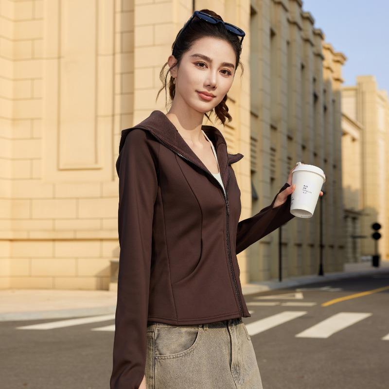 Herbst Winter Lässige Mode Samt Slim Langarm Strickjacke Top Damen Einfarbig Alleskönner Kapuzenjacke mit Reißverschluss Top