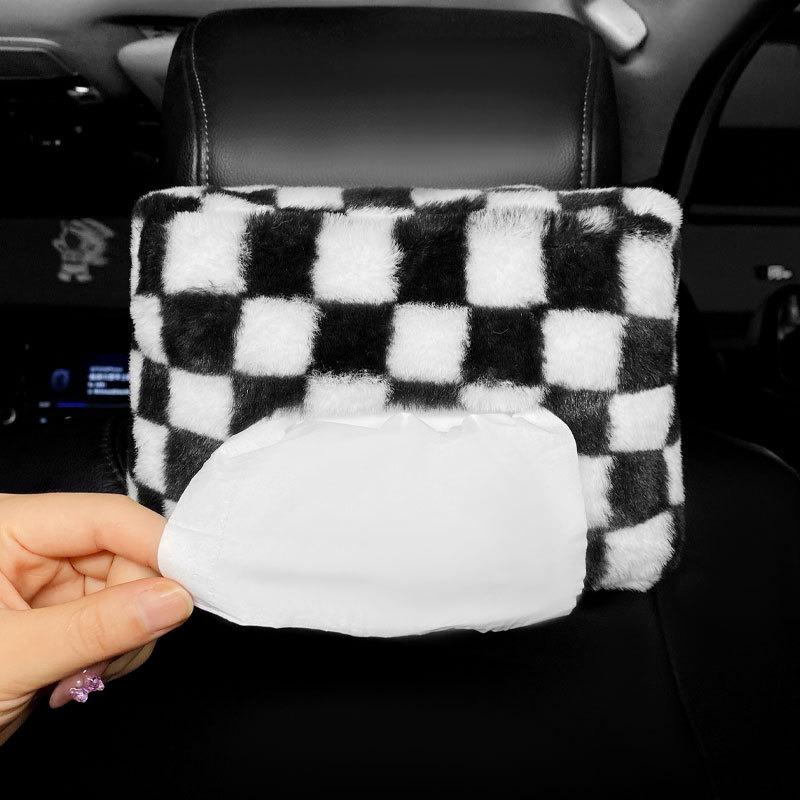 Cute Chessboard Grid Plush  Car Headrest Tissue Box Case Paper Tower Holder Auto Visor Hanging Organizer Styling Car Accessories