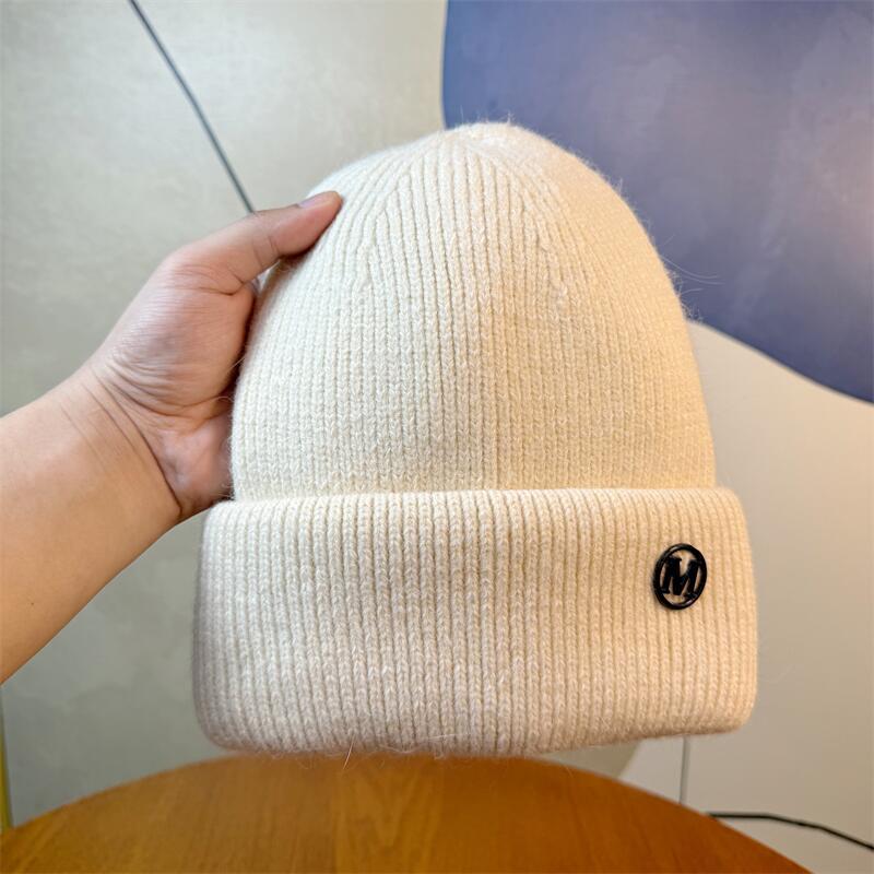 New Letter M Logo Rabbit Fur Beanie Women's Autumn and Winter Korean Version Versatile Thickened Warm Hat Ear Protection Rabbit Fur Knitted Hat