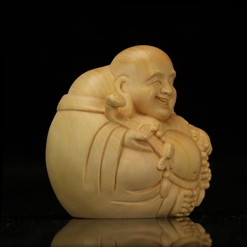 Natural Solid Wood Carving Laughing Buddha, Figure Statue Chinese God of Wealth Cute Home Room Office Car Decoration Figurine