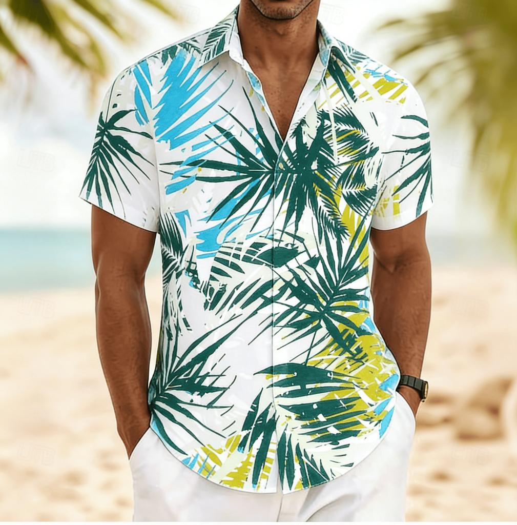 Men's Brushstroke Palm Leaf Print Short Sleeve Shirt, Spring Summer Artistic Hawaiian Vacation Blouse, Loose Casual Top