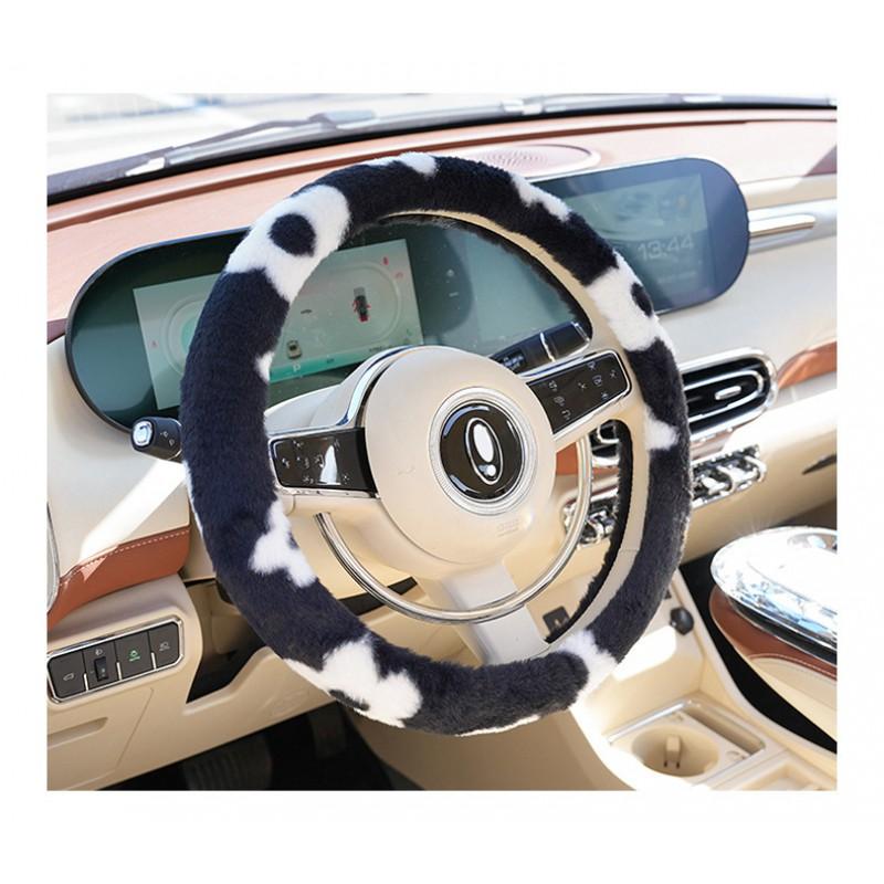 Winter Fleece Steering Wheel Cover Car - Soft Plush Black White Floral Design Universal Fit 38cm Diameter