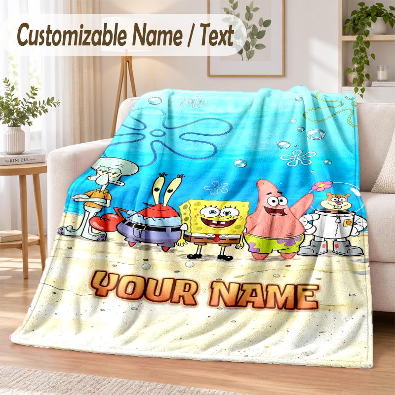 SpongeBob Custom Name Flannel Throw Blanket Soft Warm for Sofa Bed Indoor Home Use