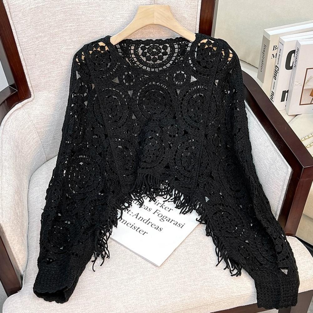 

Floral Tassels Knit Hollow Out Blouses See Through Beach Crochet Sweater Top Beach