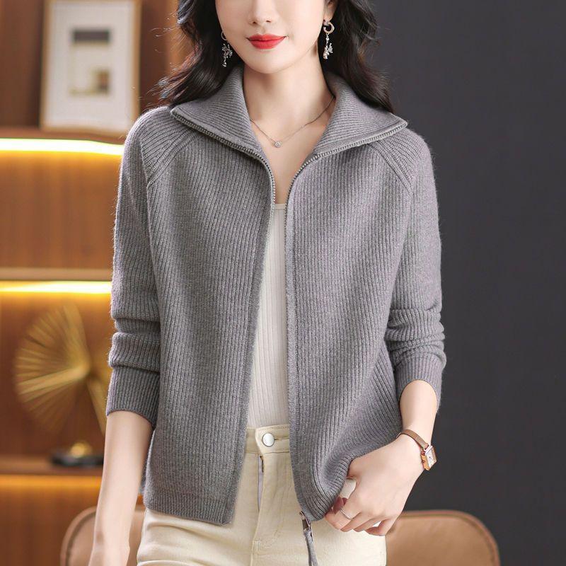 Flip Collar Knitted Cardigan Jacket For Women Double Zipper Outer Top Stylish Knitted Cardigan