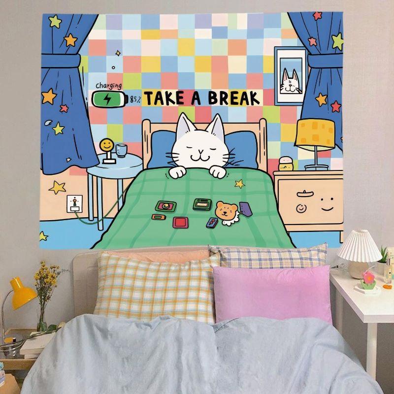 Cute Fireworks Tapestry Wall Hanging Wishing Girl and Black Cat Colorful Party Aesthetic Wall Art Bedroom Dorm Decor