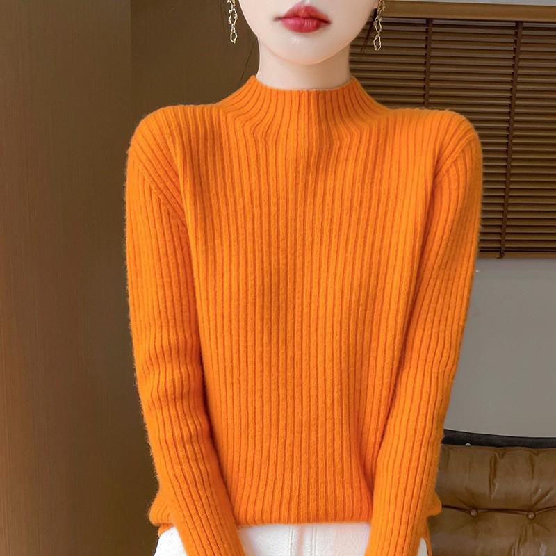 Women's 100% Pure Wool Half-High Collar Thick Knit Sweater - Warm Autumn/Winter Base Layer Pullover