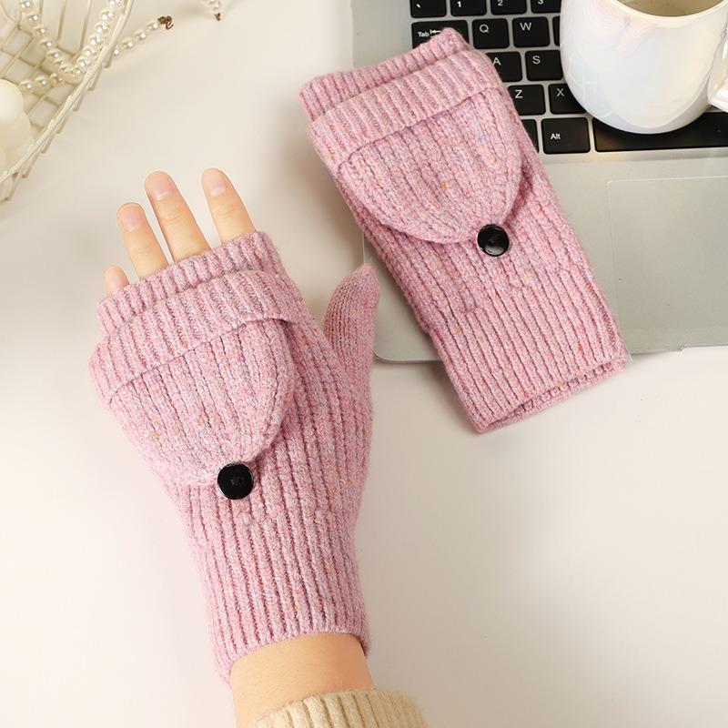 Autumn and winter gloves women's velvet thickened warm half-finger flip gloves fashion woolen gloves