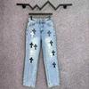 9910 CHROME HEARTS Men's and Women's American Style Trendy Jeans with Fabric Patches, Holes, Embroidery, Casual and Fashionable High Street Pants