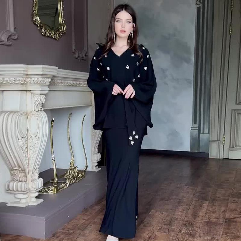 2024 Autumn Women's Tie Waist Batwing Top & Midi Skirt Two-Piece Set