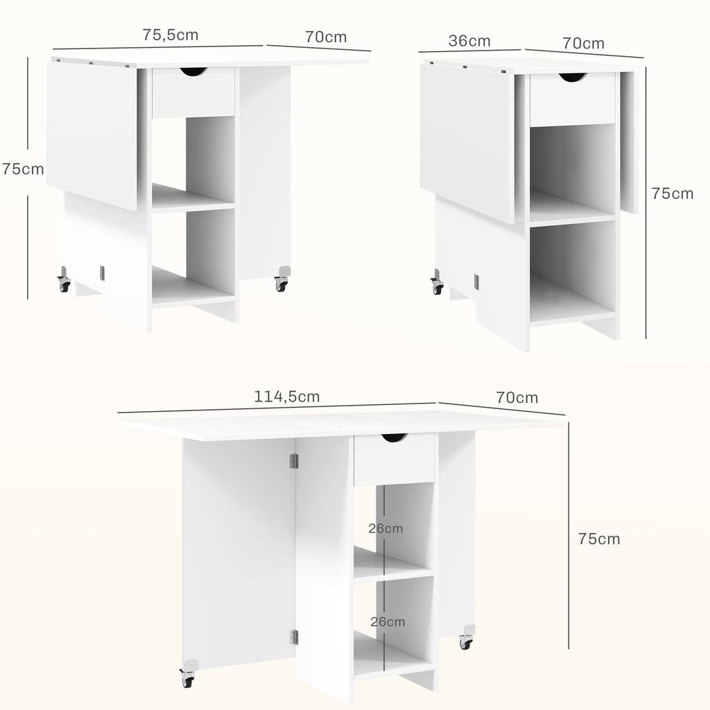 Foldable Dining Table for 2-4 People, Folding Kitchen Table with Storage, Extendable Table on Wheels, White