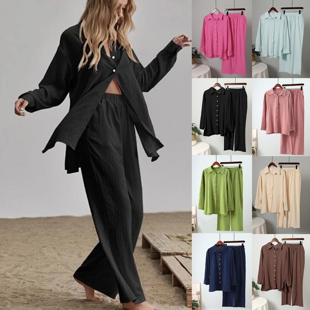 Stylish Loose Female Shirt Pants Long Sleeve Lapel Shirts And Elastic High Wasit Pants 2 Pieces Set Fashion Clothing