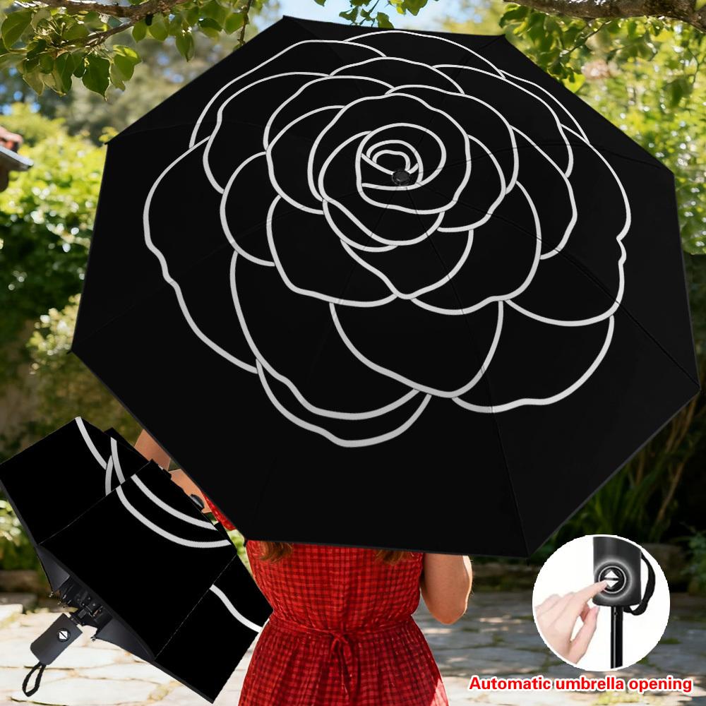 1pc Automatic Open/Close Umbrella with Elegant White Rose Design - Heavy-Duty Automatic Open/Close Mechanism, Compact Folding (as the picture,Iron8K)