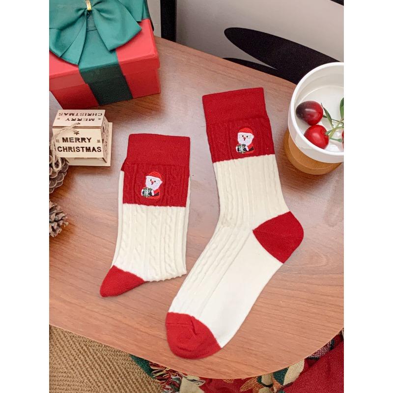 Female Autumn and Winter New Year Festival Sweet Cotton Dark Grain Cloth Mark Good Luck In Red Tube Socks