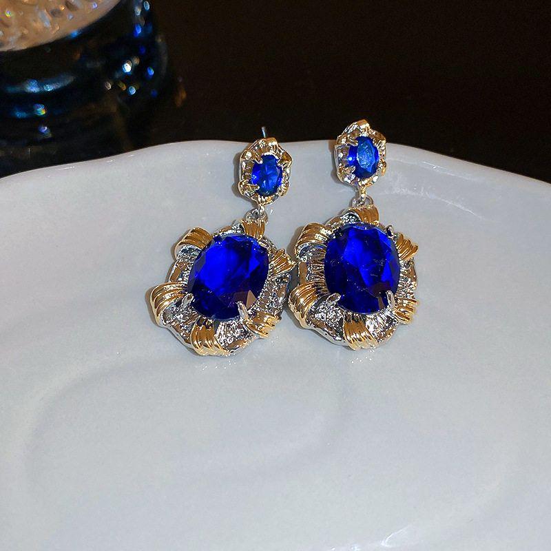 Fashion Heavy Industry Oval Zircon Niche Palace Style Silver Needle Silver Needle-Blue