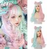 WTB Highlights Long Curly Hair Synthetic Wig Female Harajuku Style Straight Bangs Fluffy Colorful Highlights Curly Hair Wig