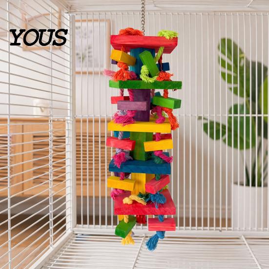 Durable Parrot Toy Chewing for Macaws African Greys, Colorful Wooden Block Puzzle with Cotton Rope Bird Tassels, Hanging Interactive