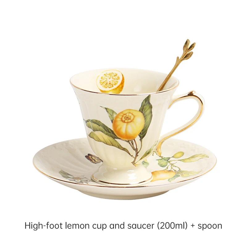 

European Lemon Espresso Cups Retro Elegant Ceramic Tea Cup Set Dessert Plate Spoon Drinkware Gold Edged Tea Set