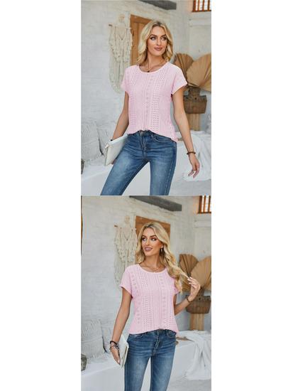 Spring & Summer Women's Loose Round Neck Eyelet Lace T-shirt