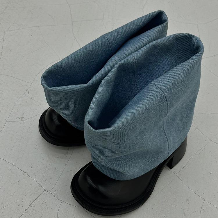 Leather retro niche denim shorts tube boots round head thick heel short boots women's 2025 new fashion stacking boots