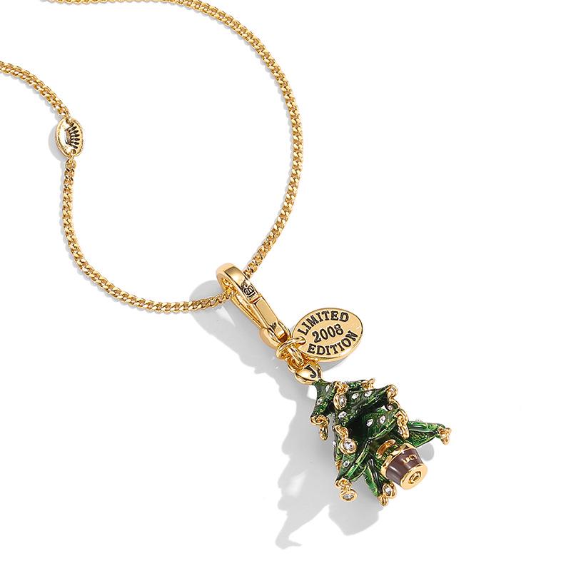 Elegant Green Christmas Tree Pendant Keychain Necklace with Enamel and Diamond Inlay.