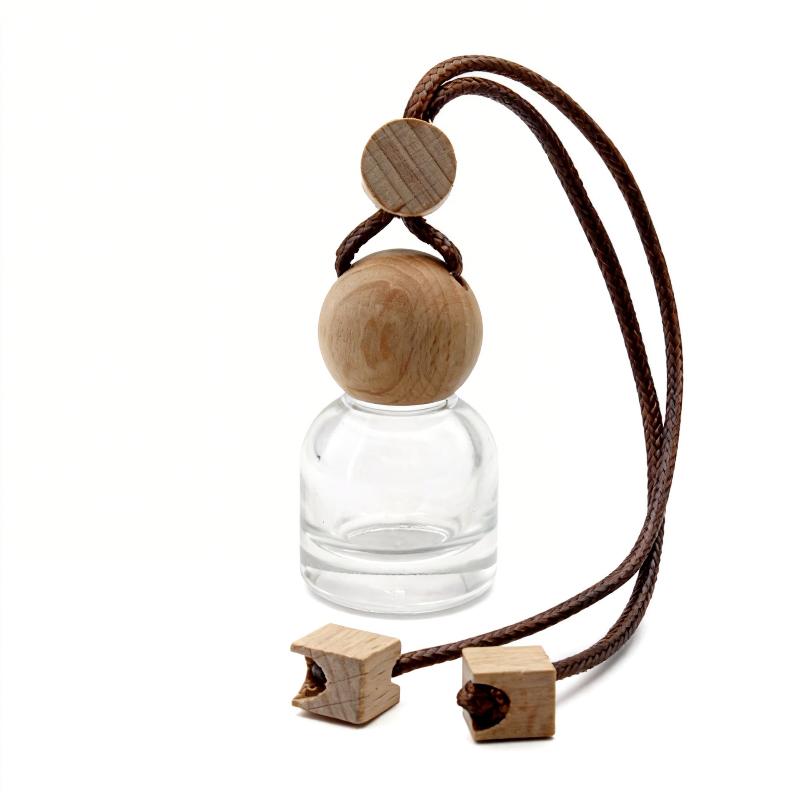1Pcs Perfume Glass Bottle Empty Car Air Freshener Pendant With Wooden Caps Refillable Car Essential Oil Diffuser Bottle