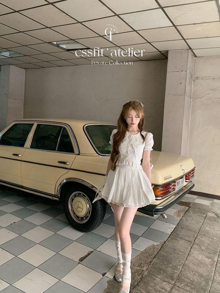 2026 Summer French Slim-fit Peter Pan Collar White Shirt and Embroidered Heart Skirt Set for Women