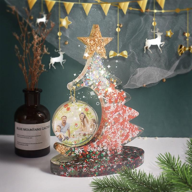 Crystal Epoxy Resin Christmas Tree Picture Frame Set Silicone Mold with Support Base for Resin Crafts Making Supplies