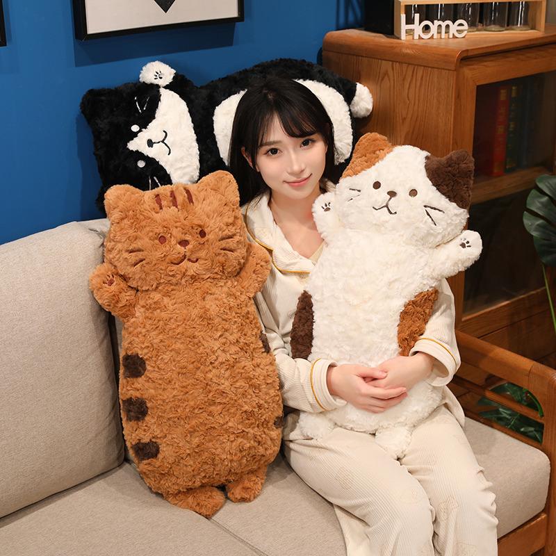 45Cm Cat Long Plush Pillow Stuffed Black White Brown Kitten Cartoon Animal Long Bolster Sleeping Companion Gift