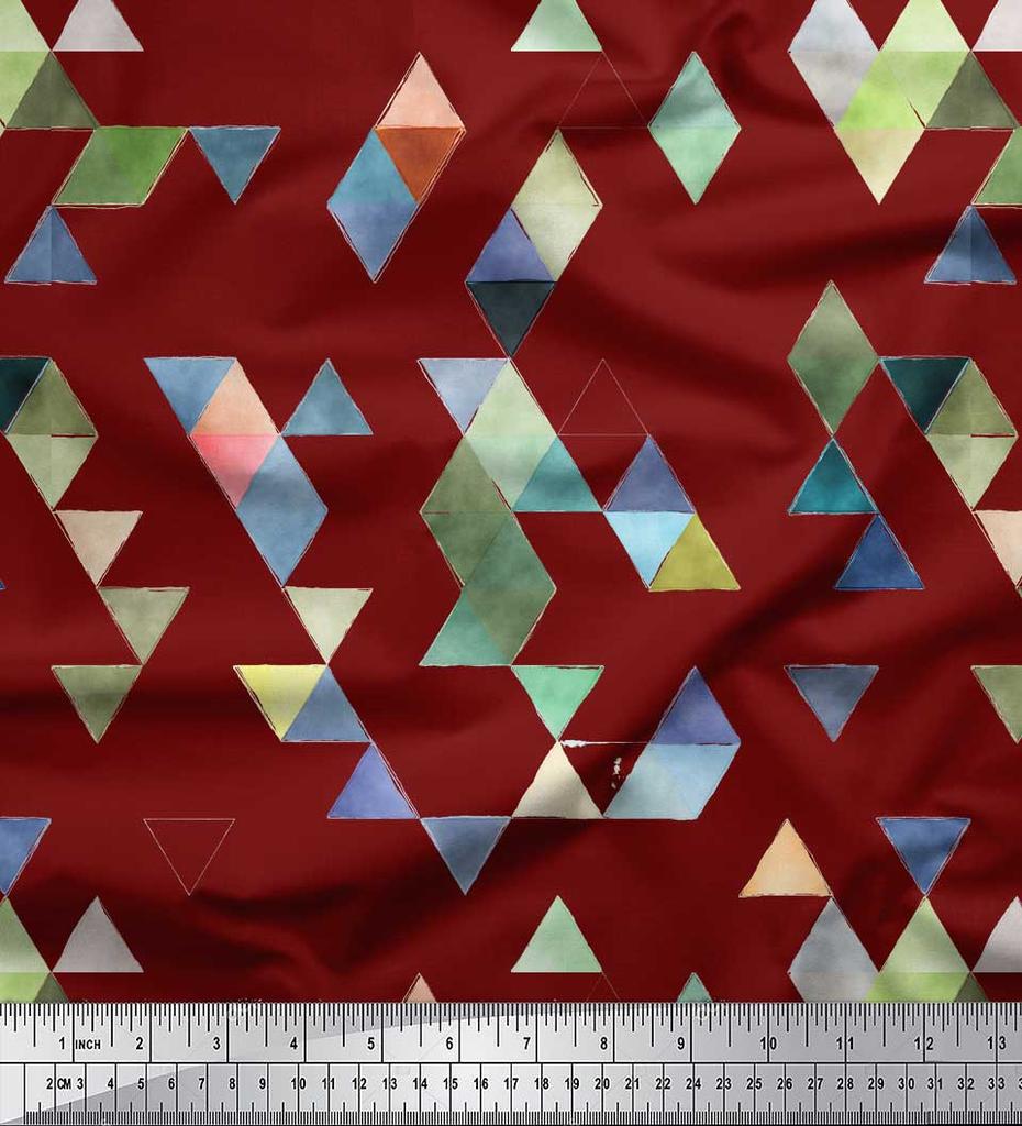 Soimoi Red Japan Crepe Satin Fabric Triangle Art Geometric Decor Fabric Printed metre 42 Inch